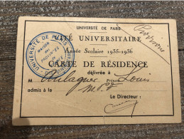 Carte De Résidence Universitaire 1935-36 Université De Paris - Tessere Associative