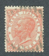 REGNO 1863 2 L. SCARLATTO US.TIRATURA LONDRA DE LA RUE SASS. L22 F.  ENZO DIENA - Afgestempeld