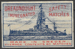 MADE IN  SWEDEN VINTAGE Phillumeny MATCHBOX LABEL DREADNOUGHT  MILITARY NAVAL SHIP  5.5  X 3.5 CM - Boites D'allumettes - Etiquettes