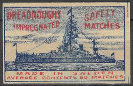 MADE IN  SWEDEN VINTAGE Phillumeny MATCHBOX LABEL DREADNOUGHT  MILITARY NAVAL SHIP  5.5  X 3.5 CM - Zündholzschachteletiketten