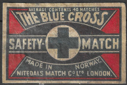 MADE IN  NORWAY VINTAGE Phillumeny MATCHBOX LABEL Label DEEP RICH COLOR The Blue Cross Nitedals London B1  5.5  X 3.5 CM - Scatole Di Fiammiferi - Etichette