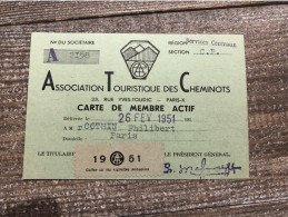 Carte De L’association Touristique Des Cheminots, 1951 - Tessere Associative
