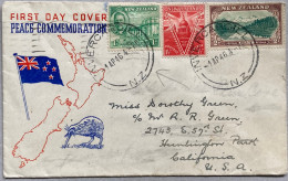 NEW-ZEALAND 1946, PEACE  FDC COVER, USED TO USA, MAP, FLAG, LAKE, BIRD, CATHEDRAL, KING, INVERCARGILL & HUNTINGTON PARK - Covers & Documents