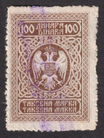 Yugoslavia SHS 1923 REVENUE Fiscal TAX Stamp - 100 Din - USED - Coat Of Arms / Crown - Servizio