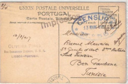 PORTUGAL CARTE DE 1917  AVEC CACHET CENSURA N° 56   POUR LA TUNISIE - Postmark Collection