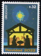 URUGUAY 2022 (Christmas, Christianity, Religion, Nativity Scene, Mary, Joseph, Infant Jesus, Star, Ox, Donkey) - 1 Stamp - Vaches