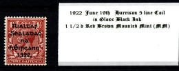 1922 June 19th Harrison Coil 5 Line Overprint Gloss Black Ink 1 1/2 D Red Brown Mounted Mint (MM) - Ongebruikt