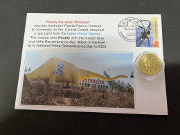 (17-9-2023) (1 U 21) Ploddy The Giant Dinosaur (Gosford) Receive New Paint Job (with Police Remembrance Ribbon) + Coin - Dollar