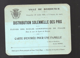 Bordeaux (33) C Arte D'invitation Distribution Des Prix ECOLES COMMUNALES DE FILLES  1906 (PPP44970) - Diplômes & Bulletins Scolaires