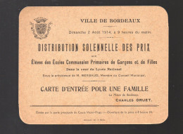 Bordeaux (33) Carte D'invitation Distribution Des Prix ECOLES COMMUNALES Filles Et Garcons   1914 (PPP44971) - Diplômes & Bulletins Scolaires