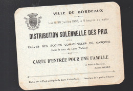 Bordeaux (33) Carte D'invitation Distribution Des Prix ECOLES COMMUNALES  De Garçons 1906 (PPP44973) - Diplômes & Bulletins Scolaires