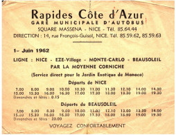 Feuillet  - Rapides Côte D'Azur - Nice - Publicité Et Fiche Horaires - 1 Juin 1962 - Europe