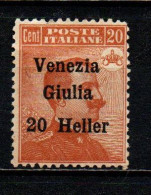 ITALIA - VENEZIA GIULIA - 1919 - MICHETTI 20 CENT. CON SOVRASTAMPA 20 HELLER - SENZA GOMMA - Venezia Giulia