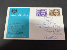 18-9-2023 (1 U 30) UK FDC Cover (1 Cover) 1973 (posted To Australia) Royal Wedding - 1971-1980 Decimal Issues