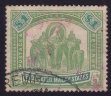 FEDERATED MALAY STATES FMS 1922 $1 Wmk.MSCA Sc#73 USED SeREMBan Registered Cancel @TE277 - Federated Malay States