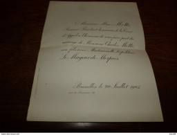 I23 Invitation Mariage Charles Motte Léopoldine Le Mayeur De Merprès Bxl 1905 - Mariage