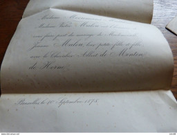 I36  Invitation Mariage Jeanne Malou Chevalier Albert De Menten De Horne  Ch. De Horne 1878 - Mariage