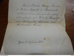 I36  Invitation Mariage Robert De Beaucourt Adrienne Van Hoobrouck De Fiennes Ypres 1882 - Mariage