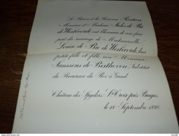 I21 Invitation Mariage Louise De Bie De Westvoorde M Janssens De Bisthoven Chat. Des Spycker 1886 - Mariage