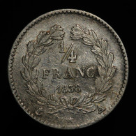 France, Louis-Philippe, 1/4 Franc, 1838, A - Paris, Argent (Silver), TTB (EF), KM#740.1, G.355, F.166/69 - 1/4 Franc