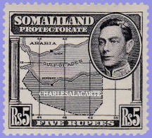 SOMALILAND PROTECTORATE 1938 GEORGE VI  PORTRAIT TO LEFT  5r. BLACK MAP DEFINITIVE STAMP  S.G. 104  L.M.M. - Somaliland (Protectorat ...-1959)