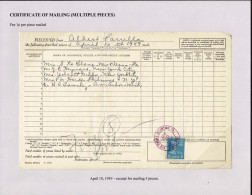 Lot # 110 1938, 5¢ Monroe Bright Blue On Certificate Of Mailing - Cartas & Documentos