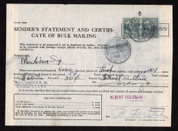 Lot # 157 Certificate Of Bulk Mail: 1951 Certificate Bearing 1938, 15¢ Buchanan Blue Grey PAIR - Cartas & Documentos