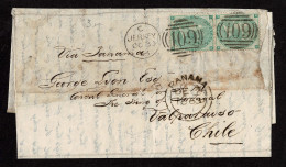 Lot # 617 Used From Jersey To Valparaiso Chili: 1862, Queen Victoria, 1s Green, Emblems Watermark VERTICAL PAIR Tied By  - Covers & Documents