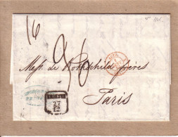 LETTRE DEPART ITALIE , BANQUE MORPURGO & PARENTE DE TRIESTE A MRS ROTHSCHILD FRERES , PARIS POSTE RESTANTE - 1855 - Entry Postmarks