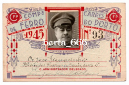 Passe Do Médico Da Companhia * Companhia Carris De Ferro Do Porto * 1945 * Portugal Tramway Season Ticket - Europe