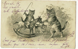 Carte Illustrée - Chat Jouant Sur Un Cheval De Bois Avec Un Fouet En Mains - Circulé 1904, Mauvais état - Dressed Animals