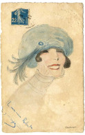 PORTRAIT FEMME  AVEC CHAPEAU  AQUARELLE  REALISEE SUR CARTE POSTALE  SIGNEE     FORMAT CPA - Aquarelles