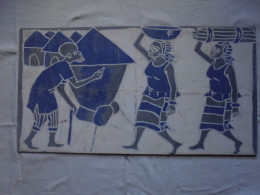 Vintage - Toile Dessin Africain Sur Panneau Bois - Arte Africano