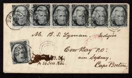 Lot # 038 Used To Cape Breton (Nova Scotia) 1863 2¢ "Black Jack" STRIP Of FIVE Plus 2 Singles - Cartas & Documentos