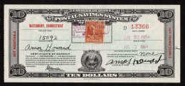 Lot # 122 Fiscal Usage: 1954 Postal Savings Certificate Bearing 1938, 10¢ Tyler Brown Red - Cartas & Documentos