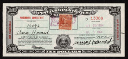 Lot # 122 Fiscal Usage: 1954 Postal Savings Certificate Bearing 1938, 10¢ Tyler Brown Red - Covers & Documents
