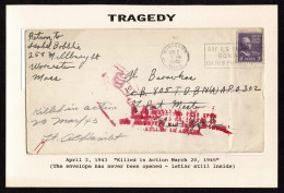 Lot # 193 Military, Killed In Action: 1938 3c Jefferson Light Violet Booklet Single Tied By WORCESTER MASS. APR 2 1943 D - Covers & Documents