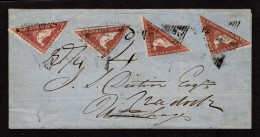 Lot # 487 1853 “Triangular”, Perkins Bacon Printing, 1d Brick Red On Bluish Paper FOUR Copies - Cape Of Good Hope (1853-1904)