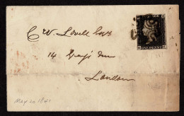 Lot # 584 1840, 1d Gray Black Plate 1b ‘HC’, Good To Clear Margins All Around, Tied By Black Maltese Cross Cancel On Fol - Briefe U. Dokumente