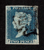 Lot # 587 1840, Queen Victoria First Issue, 2d Blue Plate 1 "PL",  Light Black Maltese Cross Cancel - Usados