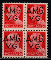 ITALIA VENEZIA GIULIA - AMGVG - 1945 - IMPERIALE 20 CENT. IN QUARTINA - SENZA FASCI - FILIGRANA RUOTA - MNH - Nuovi