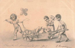 FANTAISIE - Bébés - Des Bébés Transportant Des Trèfles, Un Champignon Et Des Souris Géantes - Carte Postale Ancienne - Babies