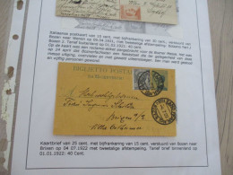 Collection Spécialisée ITALIE/Autriche Billet Postal Entier + 1 TP Bozen Vers Brixen 04/07/1922 - Marcofilie