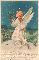 ANGES - Un Ange Dans La Neige Tenant Une Branche De Houx -  Carte Postale Ancienne - Anges