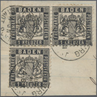 Baden - Marken Und Briefe: 1864, 1 Kr Schwarz Als Seltener Dreier-Block Auf Weiß - Andere & Zonder Classificatie