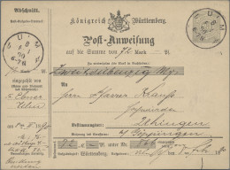 Württemberg - Postanweisungen: 1890, Postanweisung 20 Pfg. Grüngrau über 72 Mark - Sonstige & Ohne Zuordnung