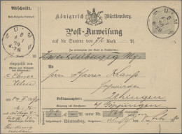 Württemberg - Postanweisungen: 1890, Postanweisung 20 Pfg. Grüngrau über 72 Mark - Other & Unclassified
