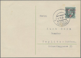 Sudetenland - Karlsbad: 1938, Freimarke 50 H Benes Mit Aufdruck Auf Karte, Entwe - Sudetes