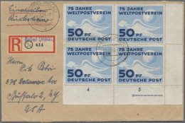 DDR: 1949, 50 Pf UPU Im Herrlichen 4er-Eckrandblock Mit Druckereizeichen Als Tar - Storia Postale