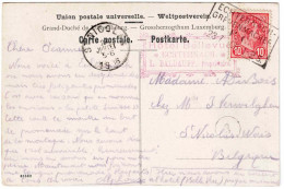 10c. Obl. Ambulant ECHTERNACH GREVENMACHER F.C. Sur Carte Du 23-7 1906 Vers St- Nicolas Waas (Belgien) .  Griffe Rouge H - 1895 Adolphe Right-hand Side